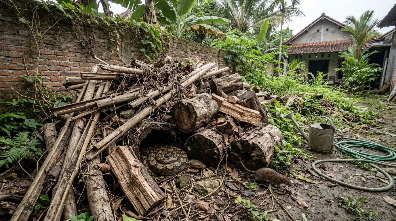 Menumpuk Sisa Potongan Kayu atau Bambu di Tanah. Foto: AI Generated