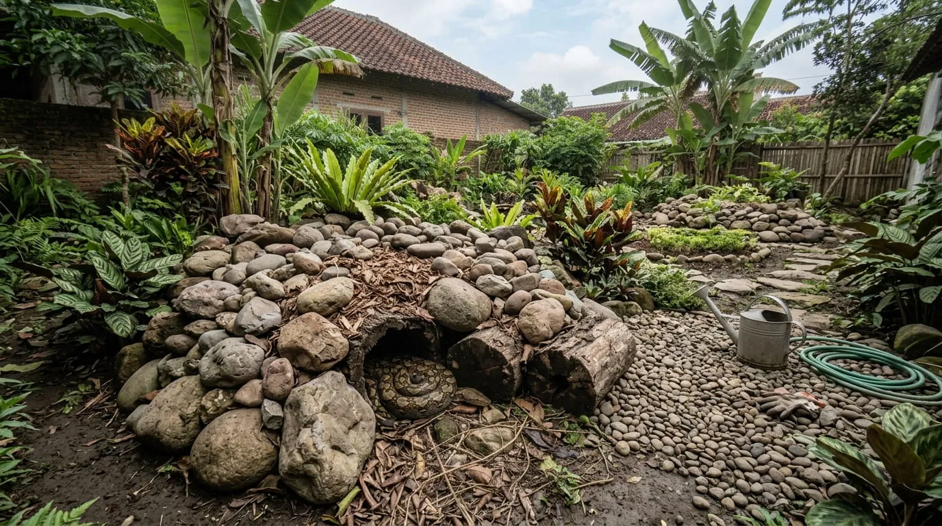 Menggunakan Mulsa Organik atau Batu Hias yang Terlalu Tebal. Foto: AI Generated