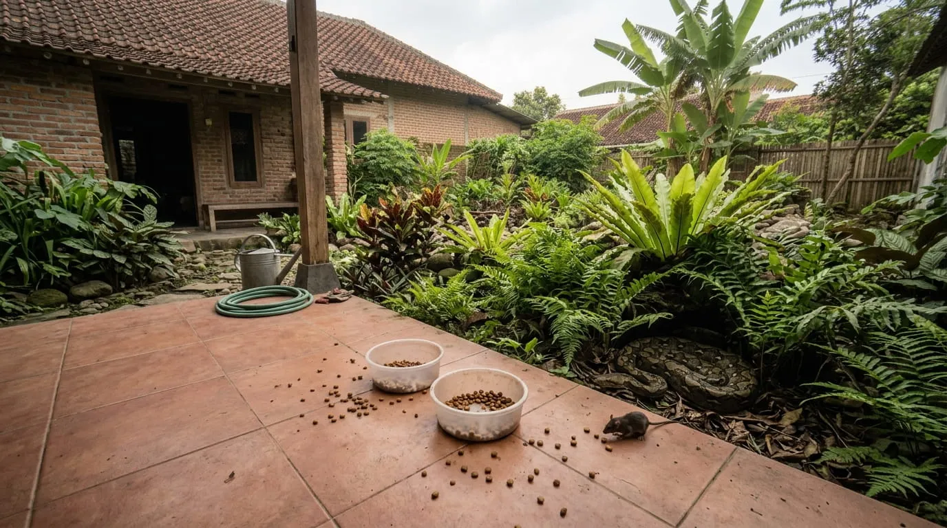 Membiarkan Wadah Makanan Hewan Peliharaan di Luar Rumah. Foto: AI Generated