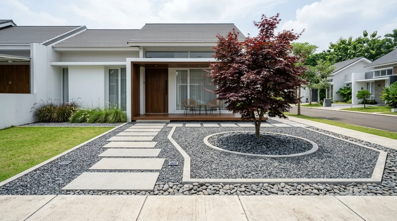 Cara Menata Taman Depan Rumah Minimalis Tanpa Banyak Tanaman (AI generated)