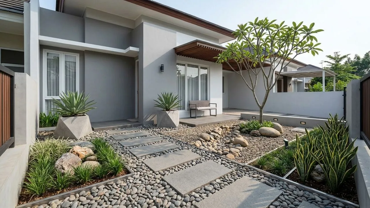Cara Menata Taman Depan Rumah Minimalis Tanpa Banyak Tanaman (AI generated)