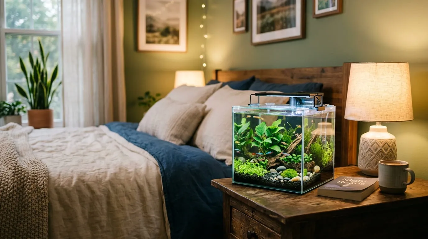 Aquarium Mini Meja Samping Tempat Tidur (Nightstand Aquarium). Foto: AI Generated