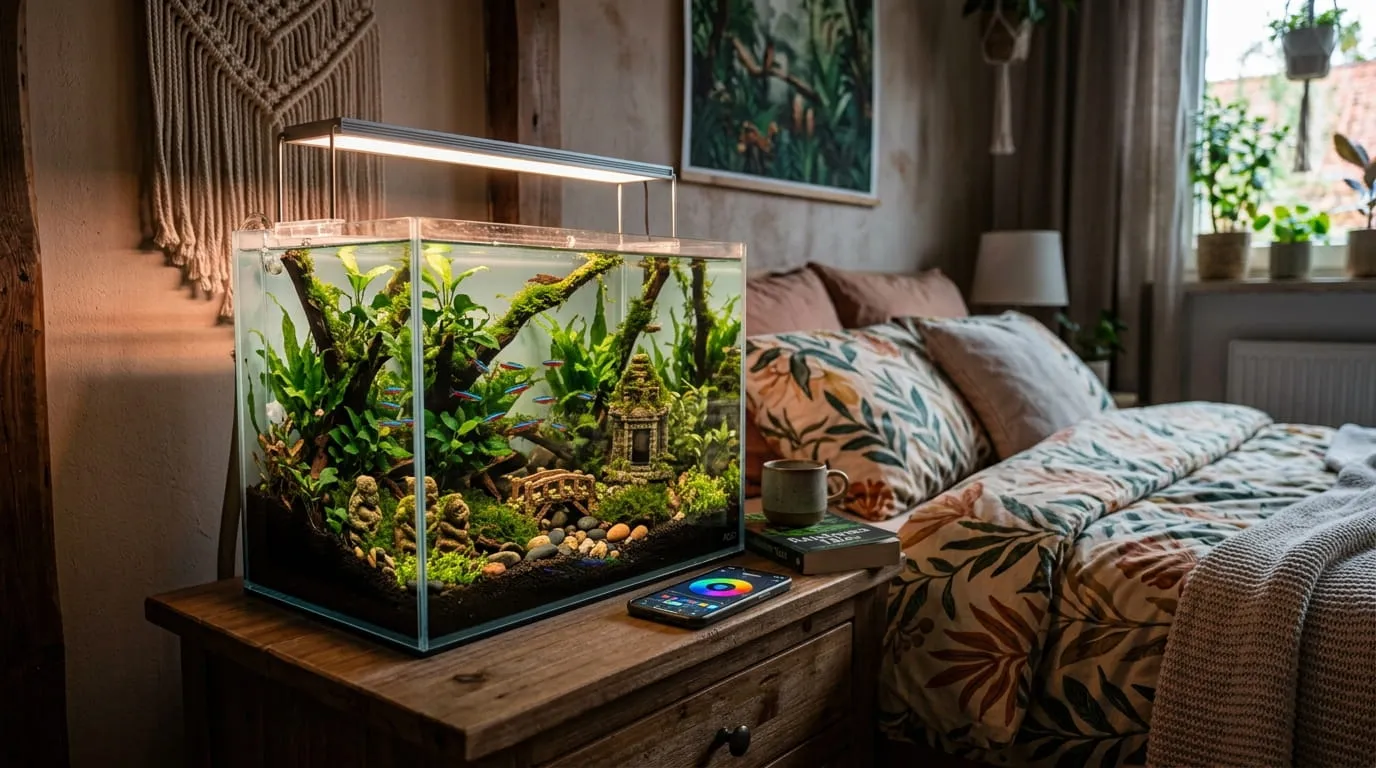Aquarium dengan Lampu LED Khusus (Smart Lighting). Foto: AI Generated