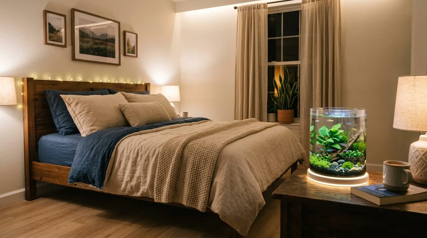Aquarium Tabung atau Silinder dengan Lampu LED. Foto: AI Generated