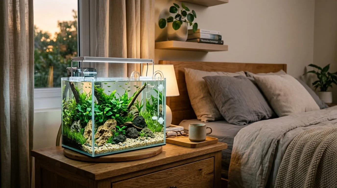 Aquarium Nano Aquascape dengan Tanaman Air Hidup. Foto: AI Generated