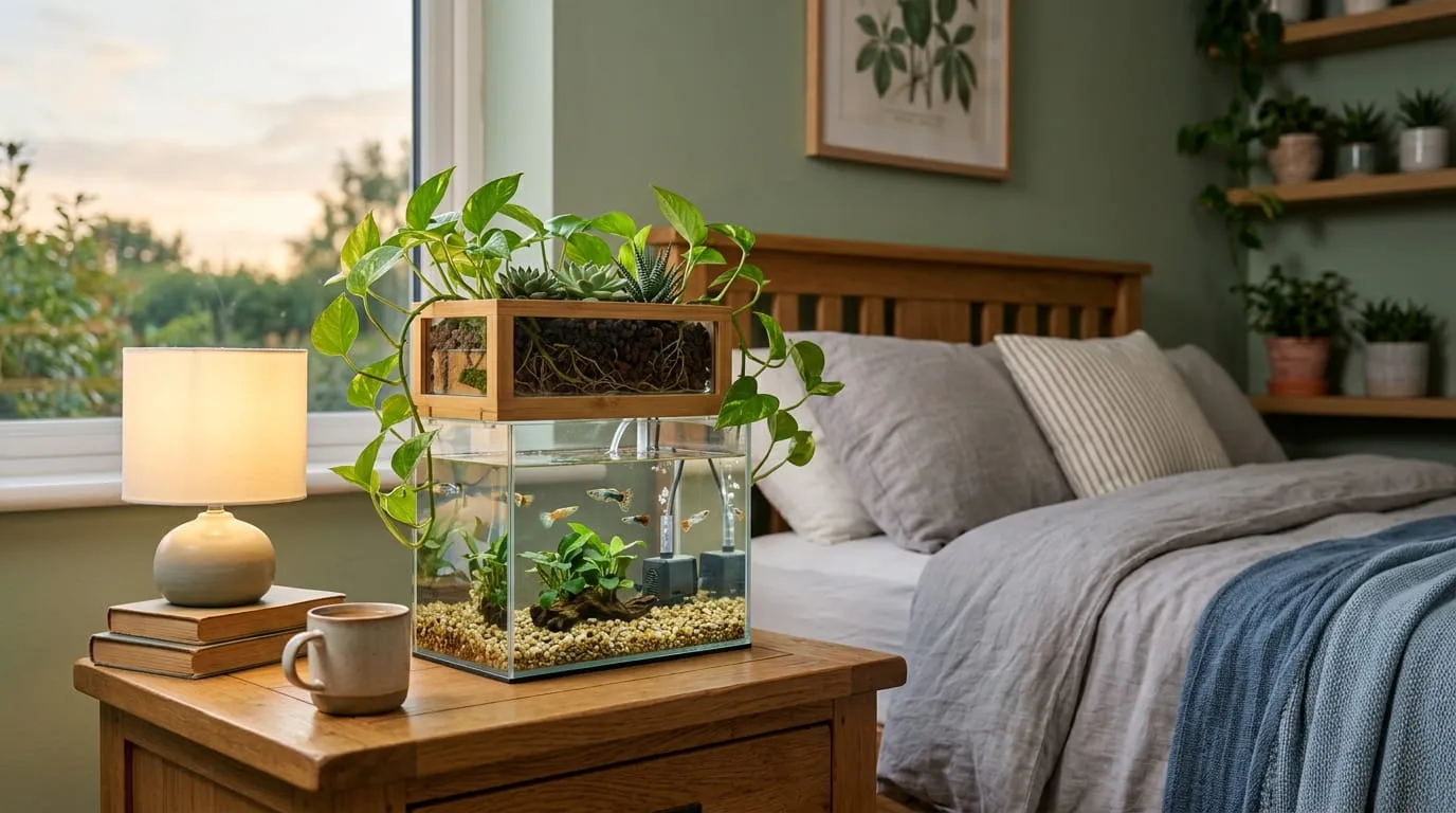Aquarium Sistem Akuaponik dengan Pot Tanaman Atas. Foto: AI Generated