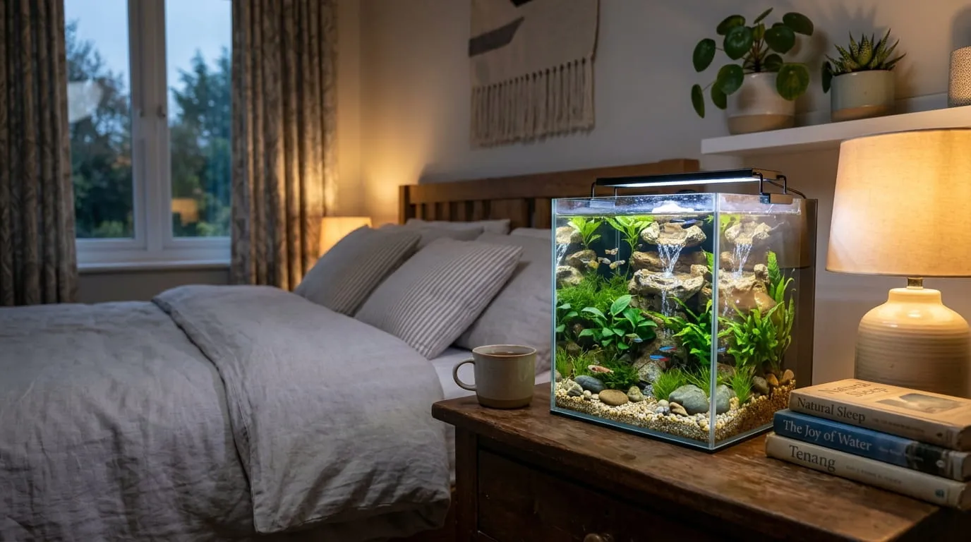 Aquarium dengan Fitur Air Terjun Mini (Waterfall Feature). Foto: AI Generated