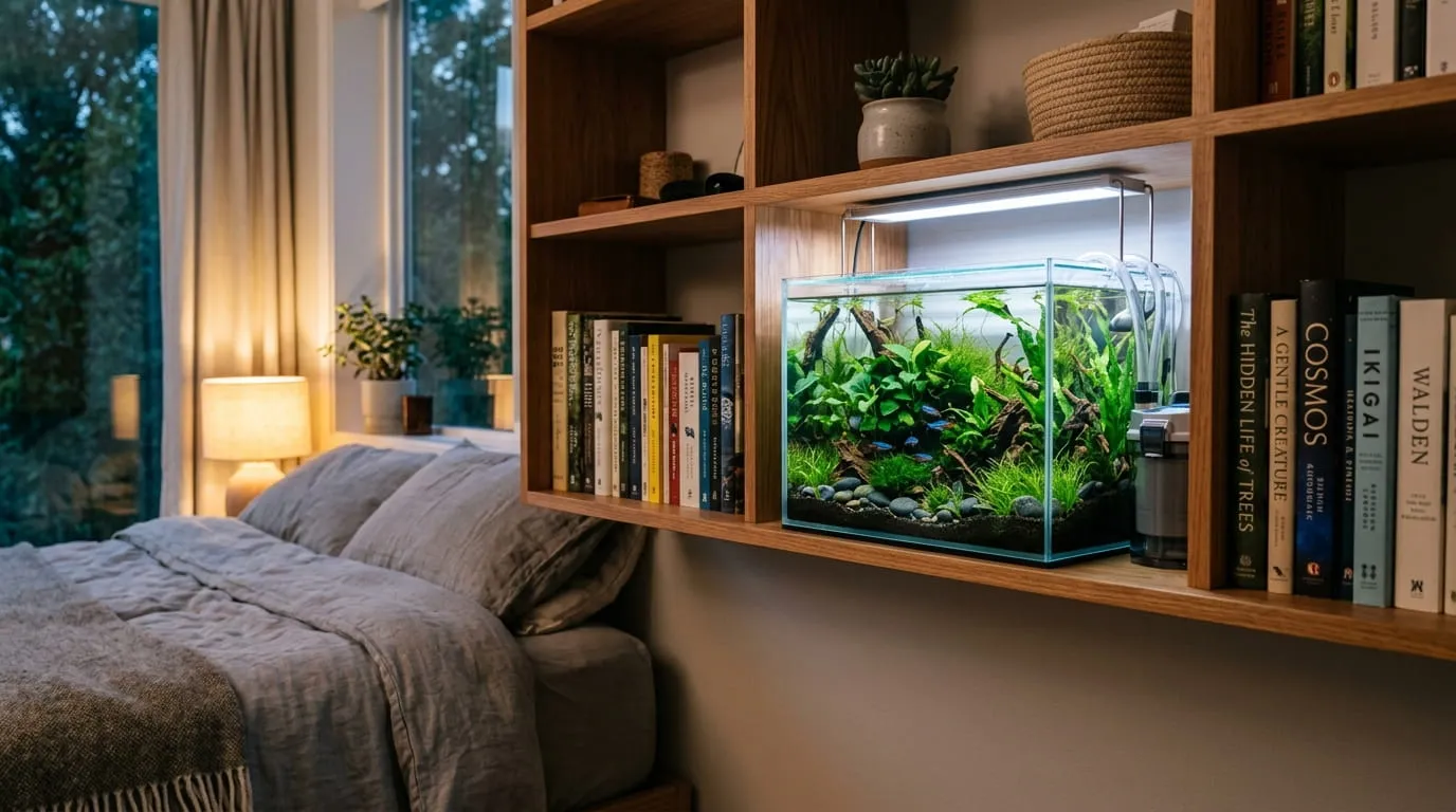 Rak Buku Aquarium (Integrated Bookshelf Aquarium). Foto: AI Generated