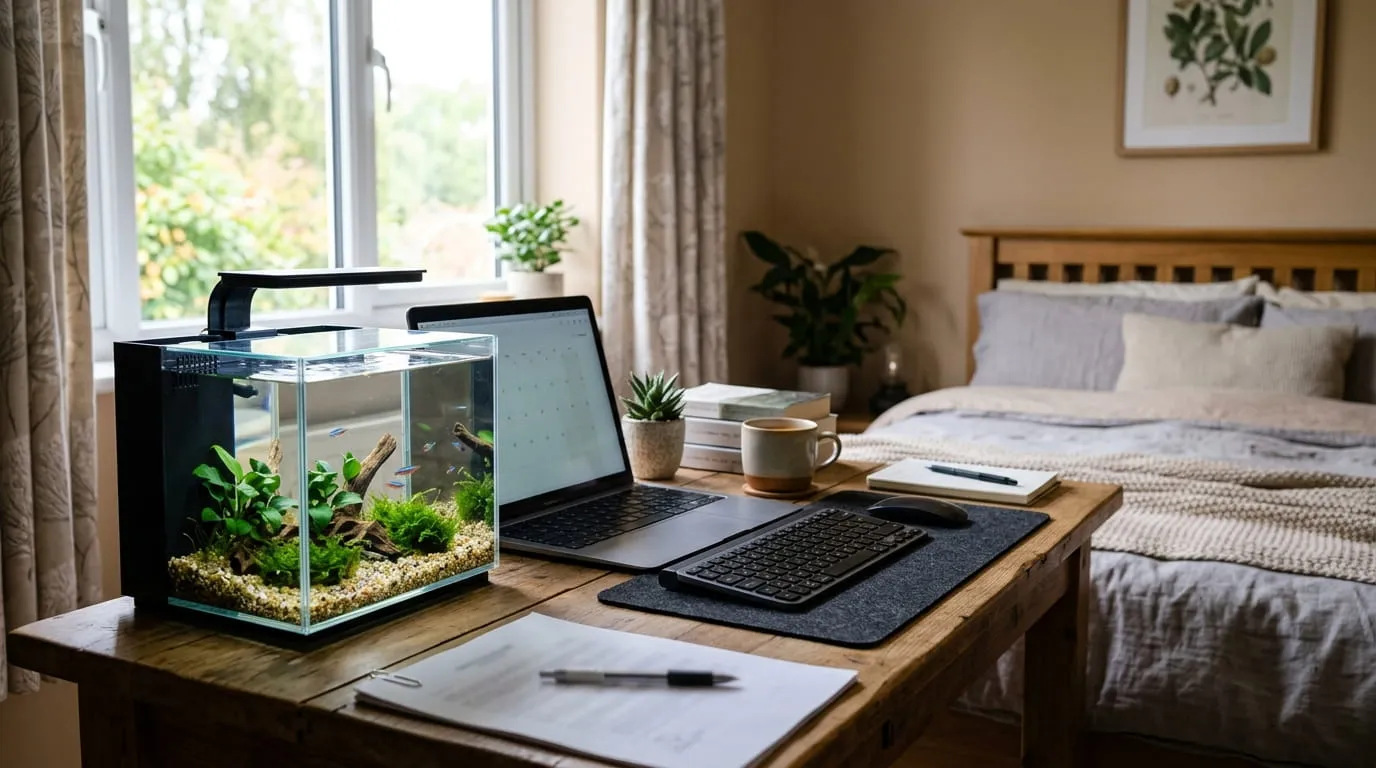 Aquarium Meja Kerja Kamar Tidur. Foto: AI Generated