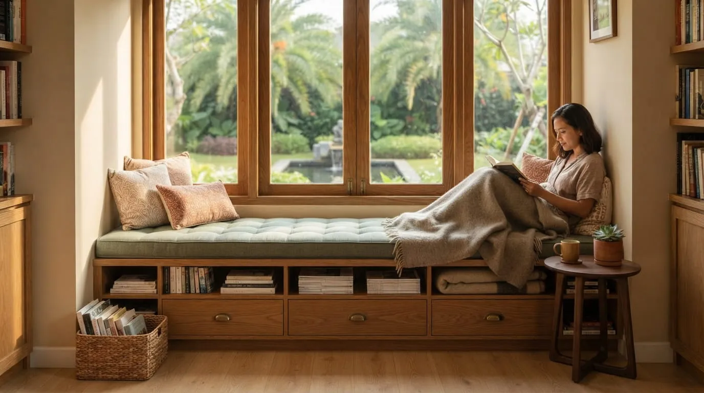 Bench Kayu Minimalis dengan Laci Penyimpanan Tersembunyi. Foto: AI Generated
