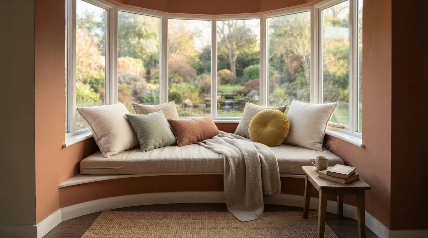 Sudut Jendela Bay Window dengan Bantal Tumpuk Pluffy. Foto: AI Generated