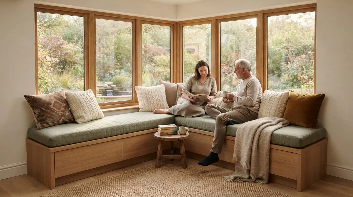 Desain Sudut Jendela Sudut Ruang (Corner Window Seat). Foto: AI Generated