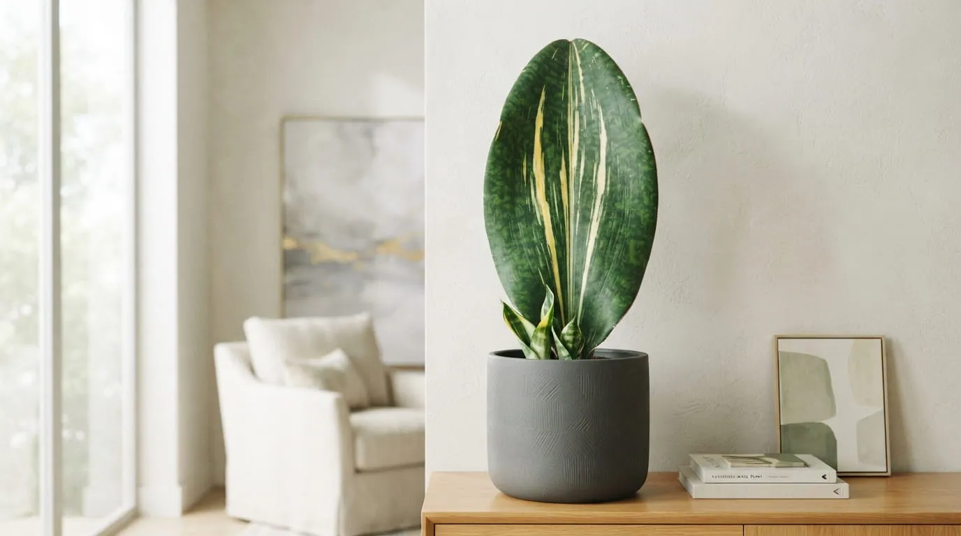 Sansevieria Masoniana 'Variegata' (Variegated Whale Fin). Foto: AI Generated