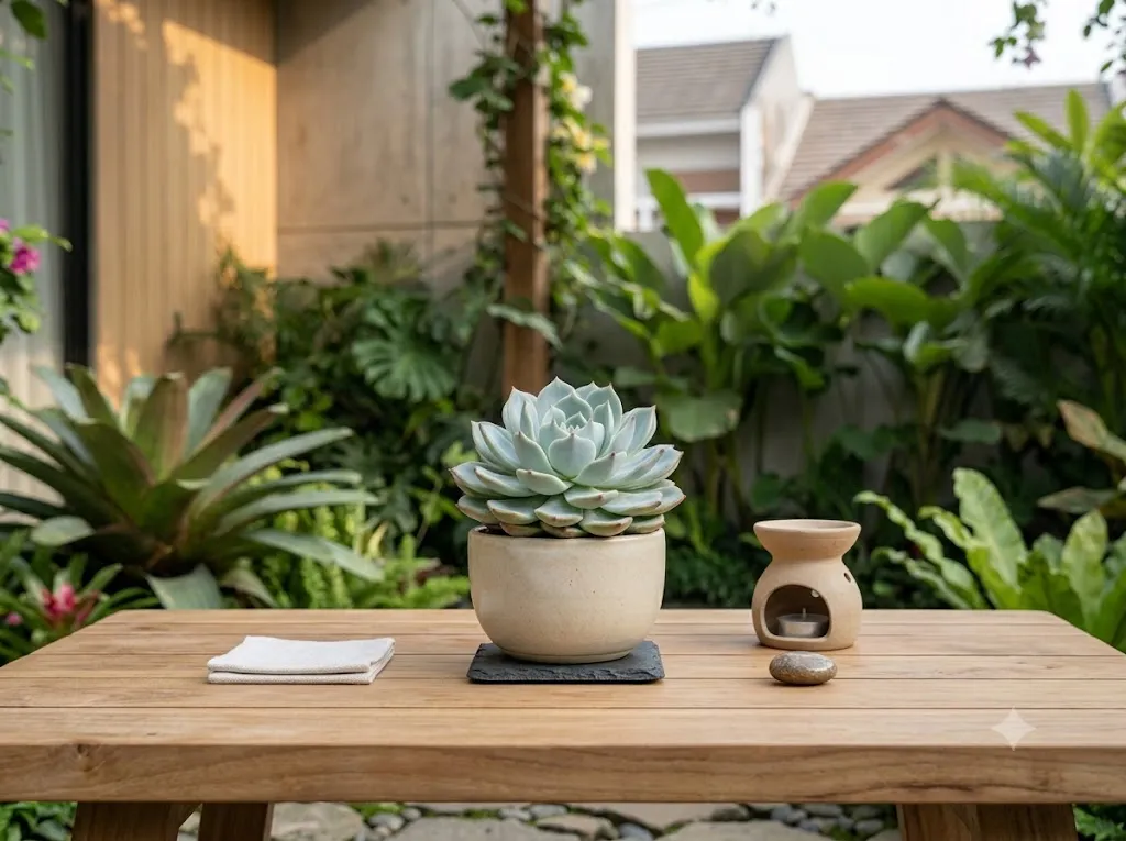 tanaman berukuran mini untuk meja teras/ Sukulen Echeveria (AI generated)