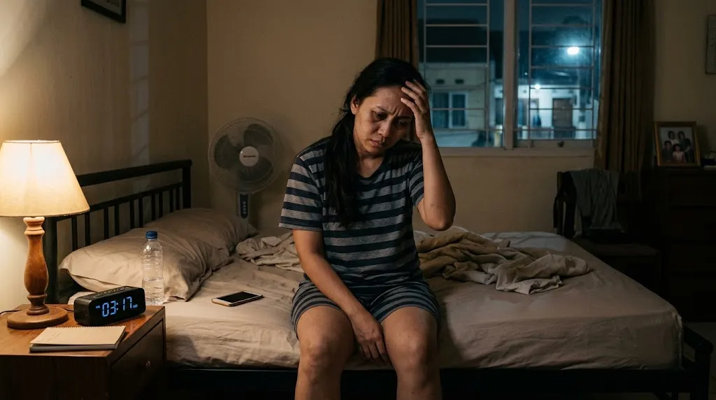 Wanita mengalami gangguan tidur. [AI Generated]
