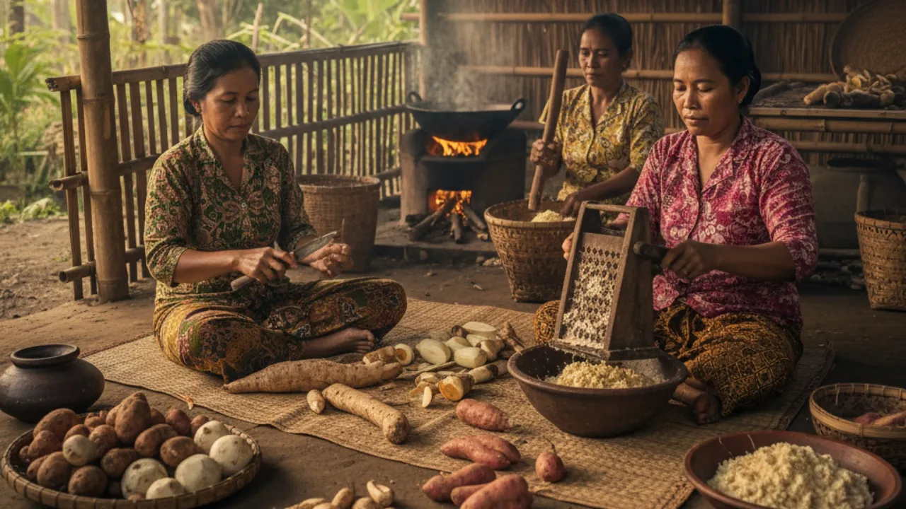 Cara Pengolahan dan Penyajian Umbi-Umbian (c) Ilustrasi AI