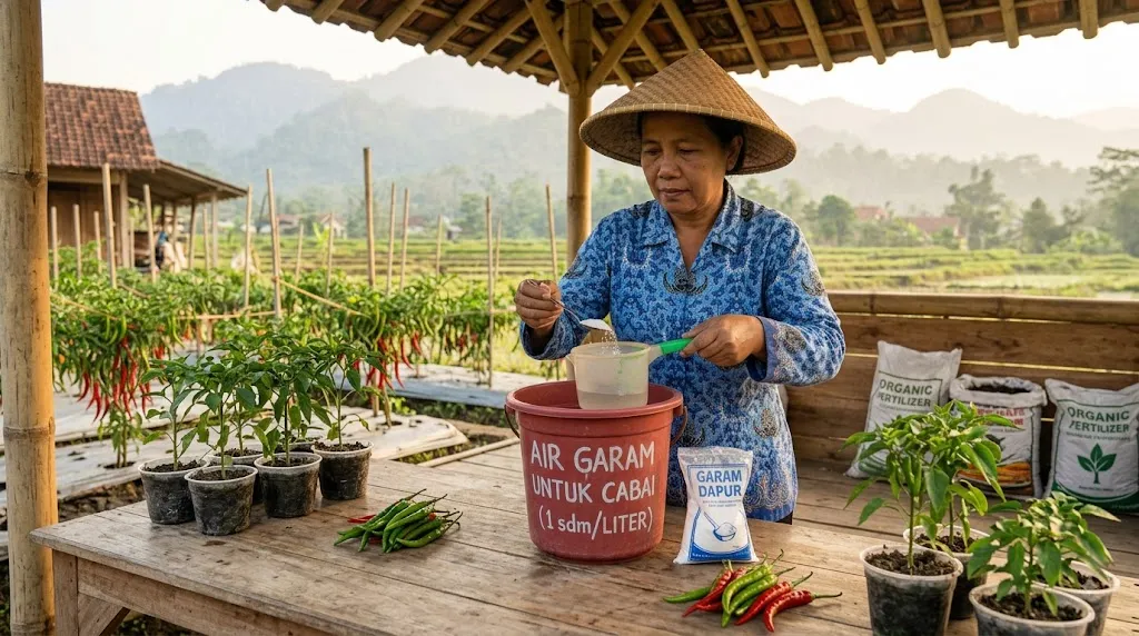 Menyiapkan bahan air garam untuk tanaman cabai. [AI Generated]
