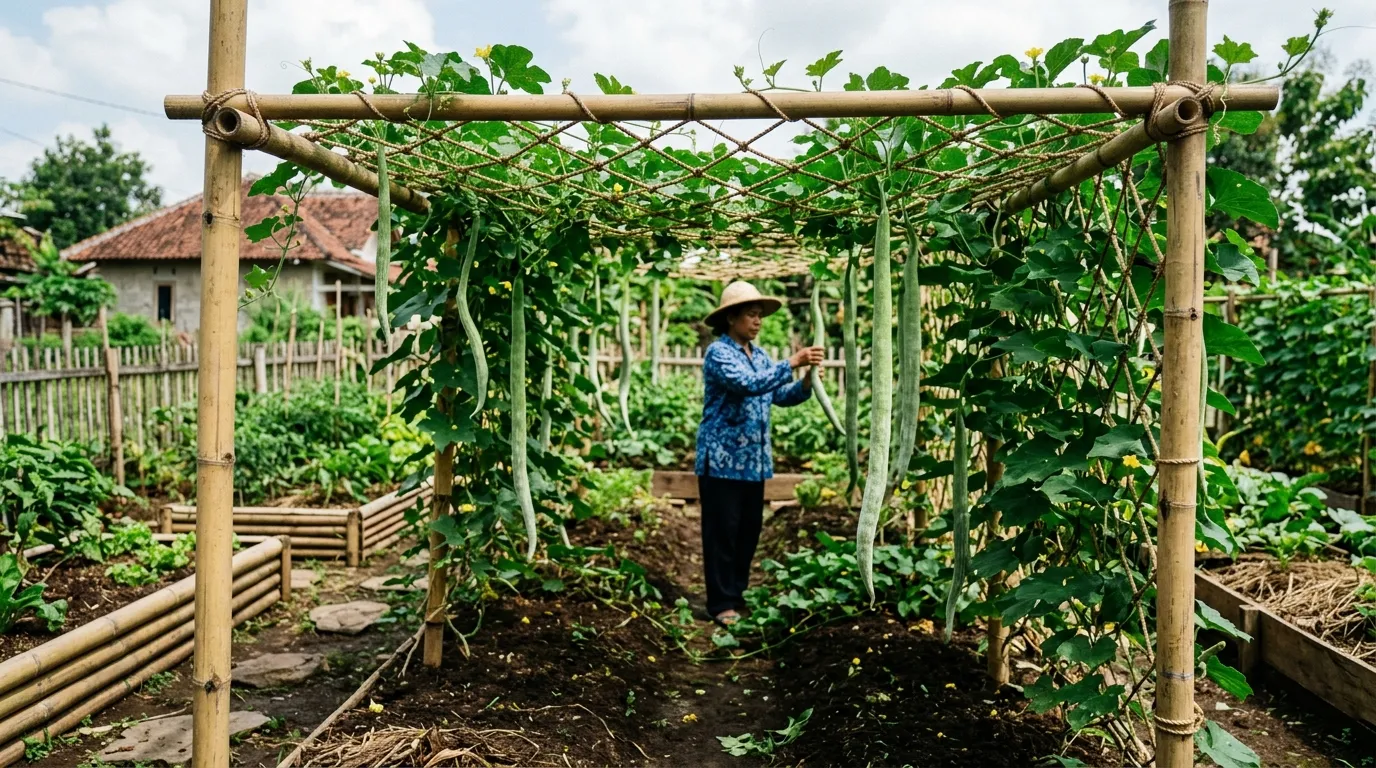 Cara Menanam Pare Belut di Kebun Rumah dengan Penyangga Kuat (AI Generated)