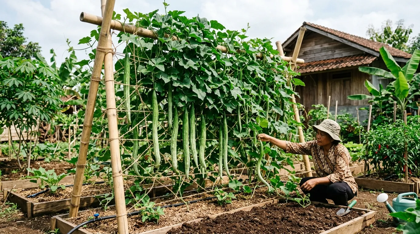 Cara Menanam Pare Belut di Kebun Rumah dengan Penyangga Kuat (AI Generated)