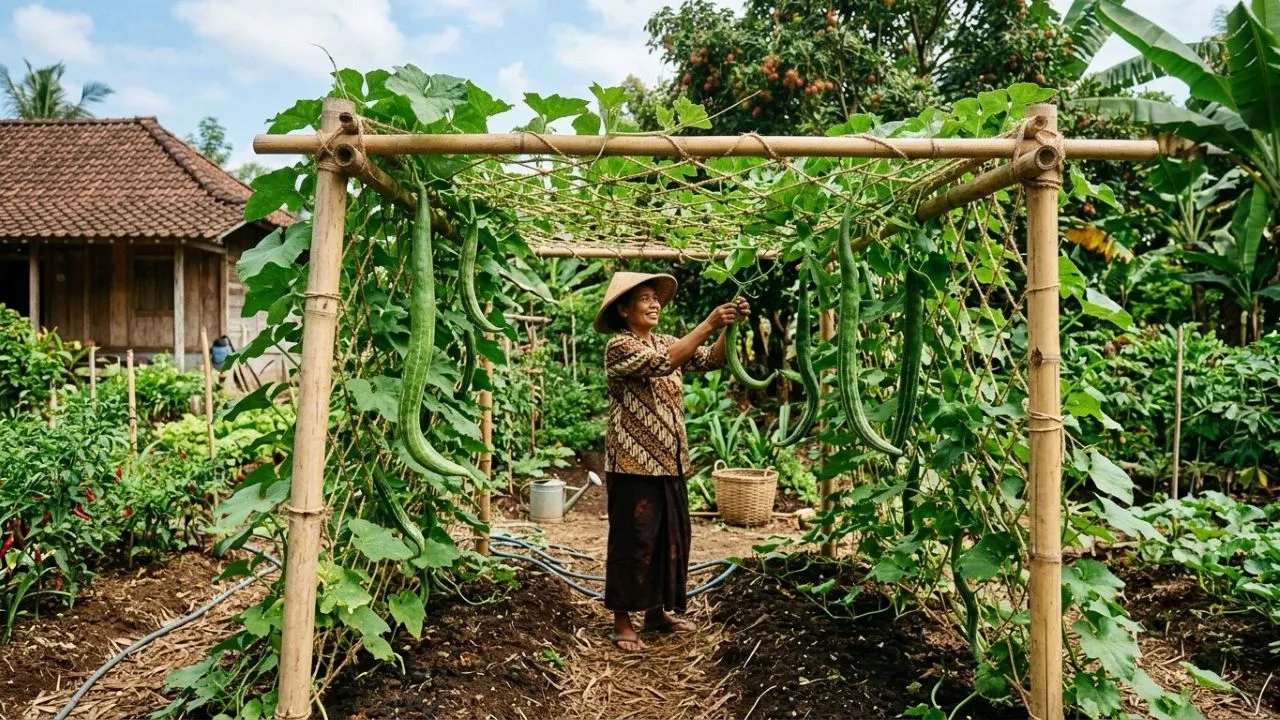 Cara Menanam Pare Belut di Kebun Rumah dengan Penyangga Kuat (AI Generated)