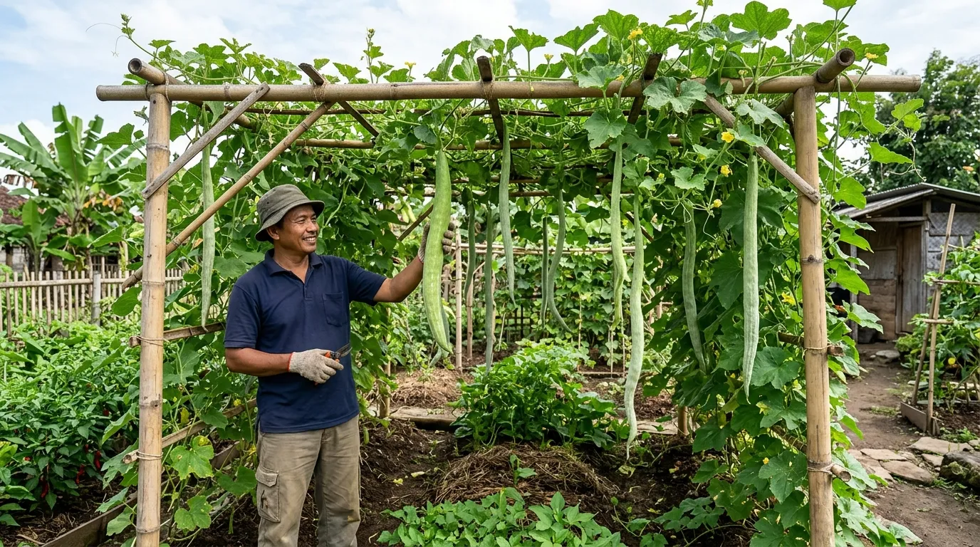 Cara Menanam Pare Belut di Kebun Rumah dengan Penyangga Kuat (AI Generated)