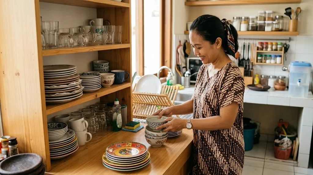 Menata piring dan gelas di dapur agar hemat tempat dan tetap rapi. [AI Generated]