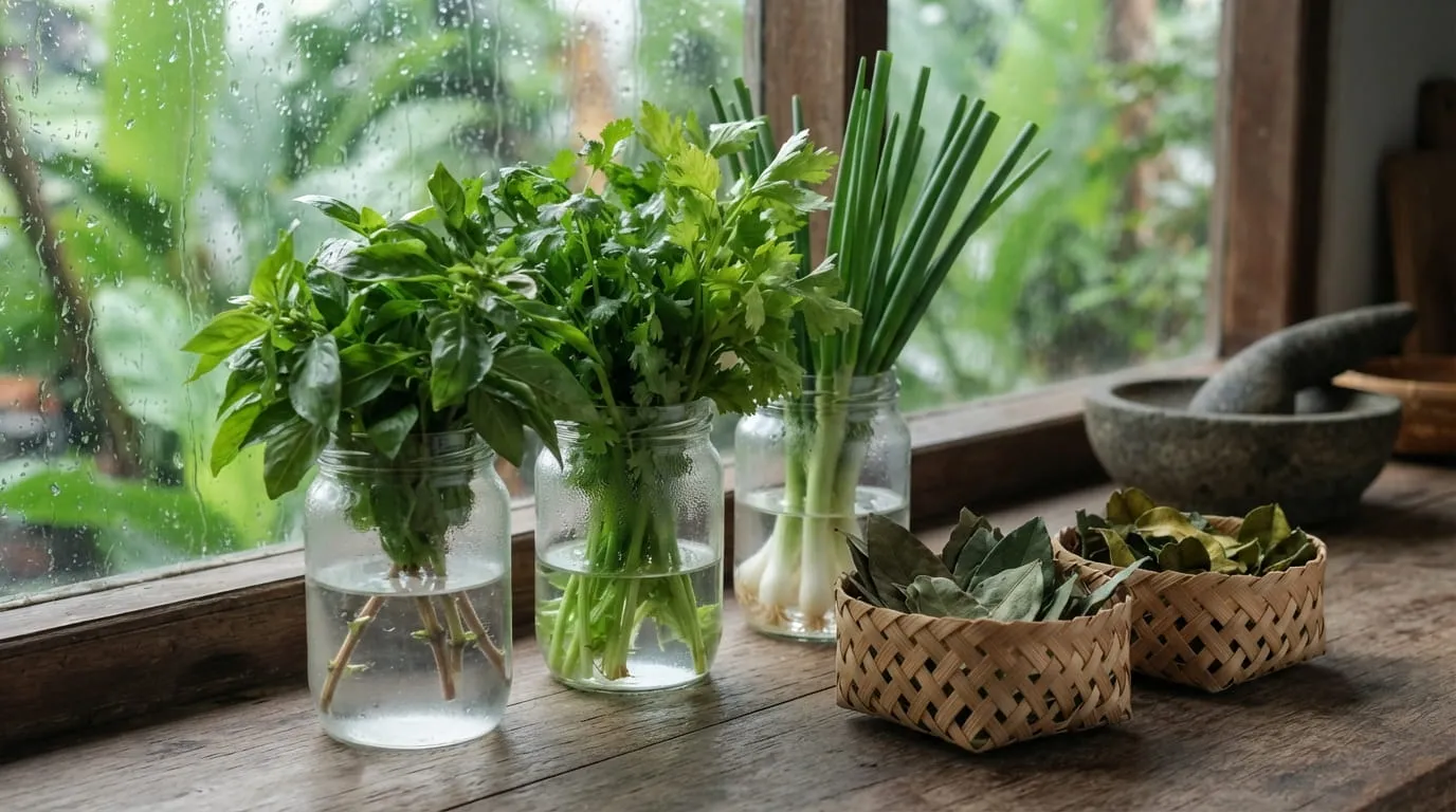 Daun-Daunan Segar (Kemangi, Daun Bawang, dan Seledri). Foto: AI Generated