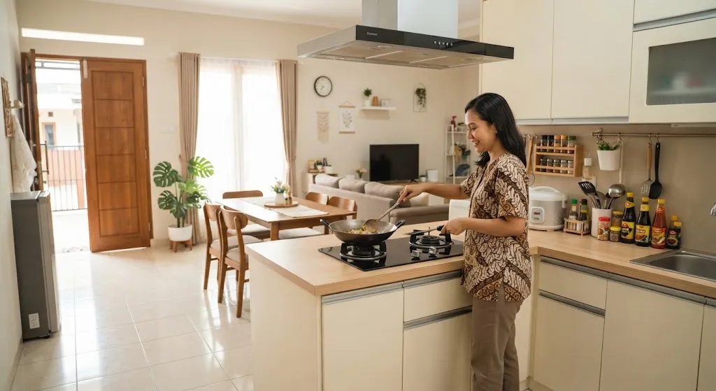 Cara menata dapur open space di rumah KPR yang baru ditempati dengan prinsip fengshui model mengatur posisi kompor - AI generated