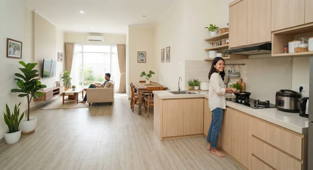 Cara menata dapur open space di rumah KPR yang baru ditempati dengan prinsip fengshui model jaga jalur dapur - AI generated