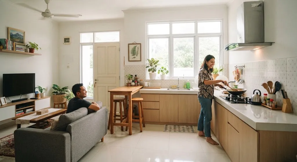 Cara menata dapur open space di rumah KPR yang baru ditempati dengan prinsip fengshui model dengan mengatur pencahayaan dan sirkulasi - AI generated.