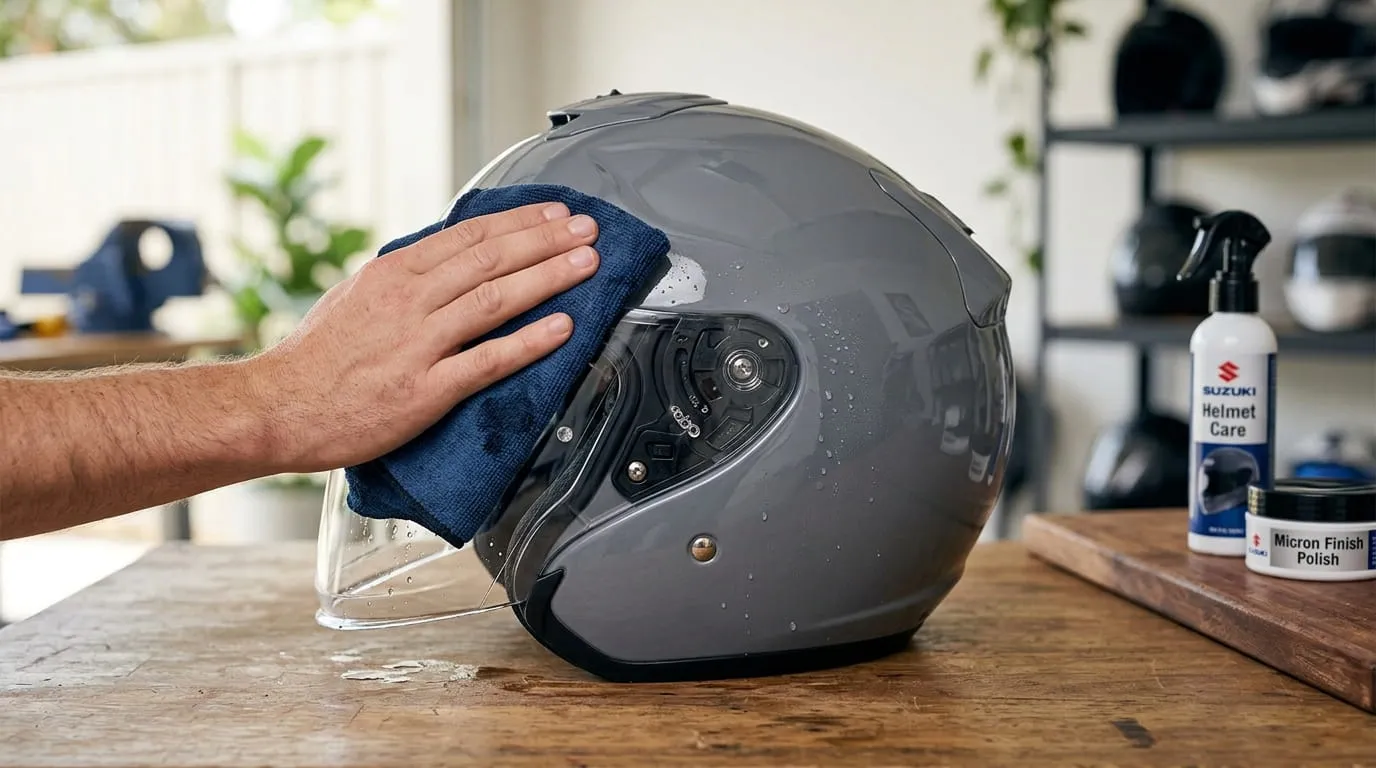 Mengeringkan Bagian Luar dan Visor Menggunakan Kain Microfiber. Foto: AI Generated