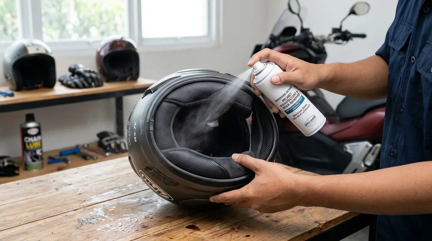 Memanfaatkan Cairan Disinfektan atau Parfum Anti-Bakteri Khusus Helm. Foto: AI Generated