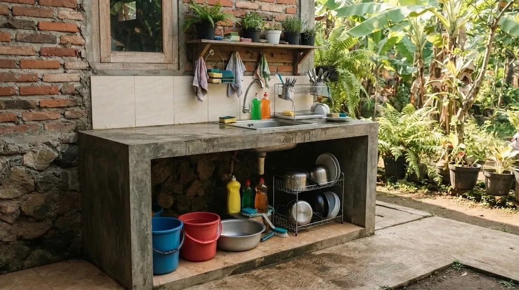 6 Desain Area Cuci Piring Outdoor dengan Meja Cor, Bikin Area Belakang Rumah Lebih Rapi