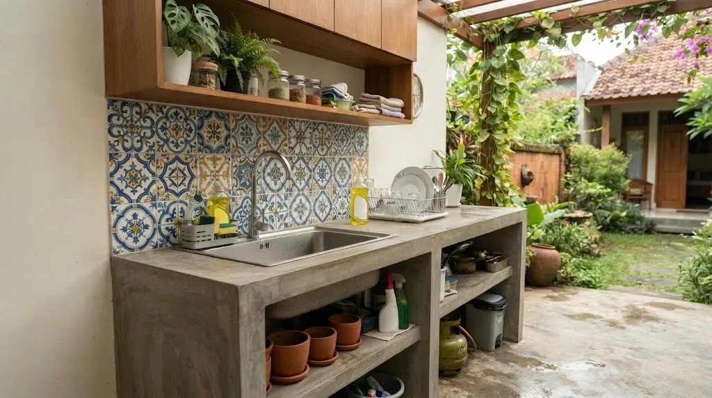 6 Desain Area Cuci Piring Outdoor dengan Meja Cor, Bikin Area Belakang Rumah Lebih Rapi
