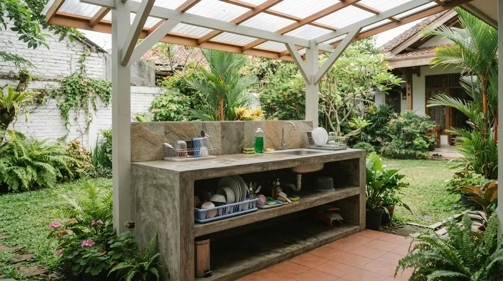 6 Desain Area Cuci Piring Outdoor dengan Meja Cor, Bikin Area Belakang Rumah Lebih Rapi