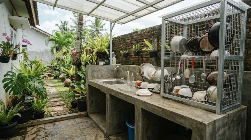 6 Desain Area Cuci Piring Outdoor dengan Meja Cor, Bikin Area Belakang Rumah Lebih Rapi