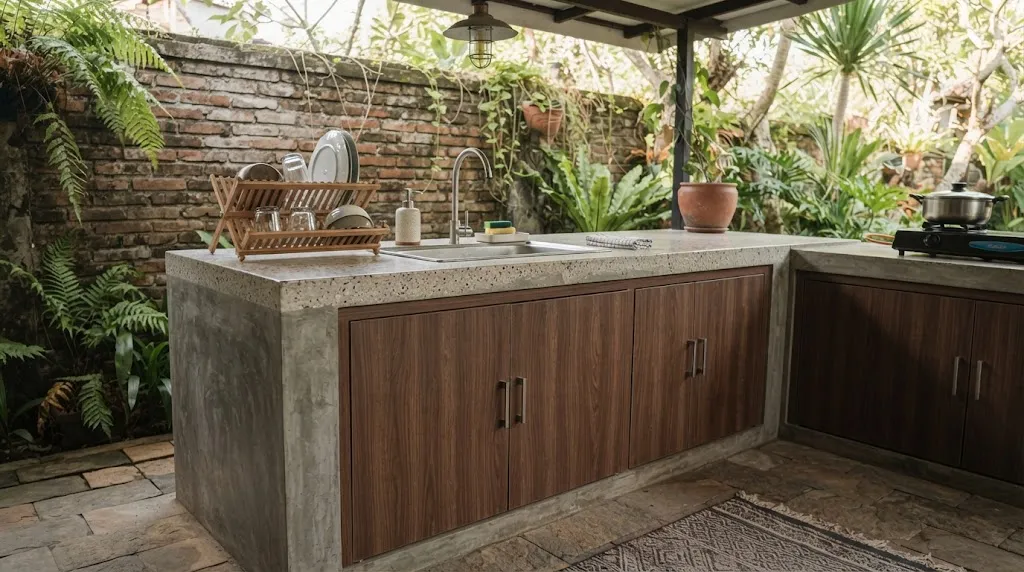 6 Desain Area Cuci Piring Outdoor dengan Meja Cor, Bikin Area Belakang Rumah Lebih Rapi