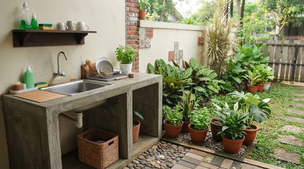 Desain Area Cuci Piring Outdoor dengan Meja Cor/AI Generated