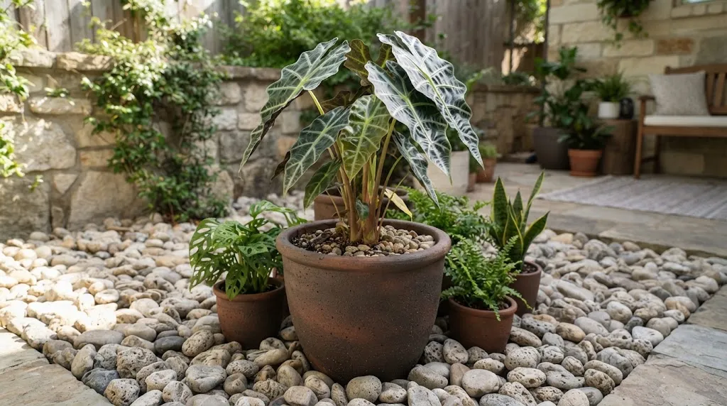Alocasia dalam Pot dengan Hamparan Batu Koral/Foto: AI Generated
