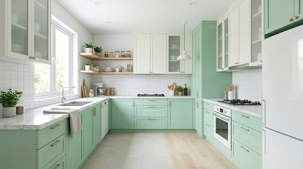 Cat dapur warna hijau muda atau hijau mint. [AI Generated]