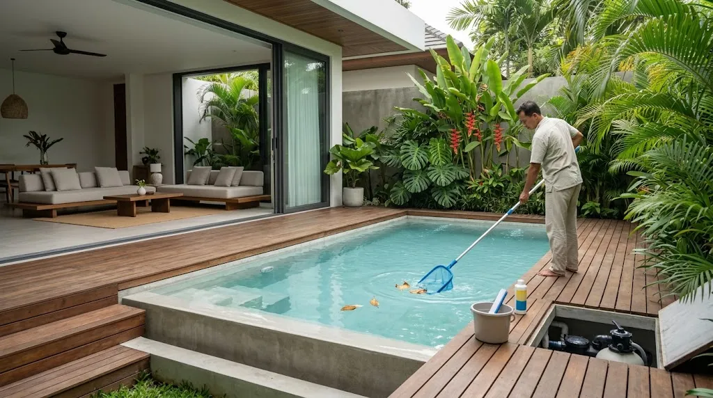 Perawatan dan Sanitasi Rutin Kolam Mini. (AI Generated)