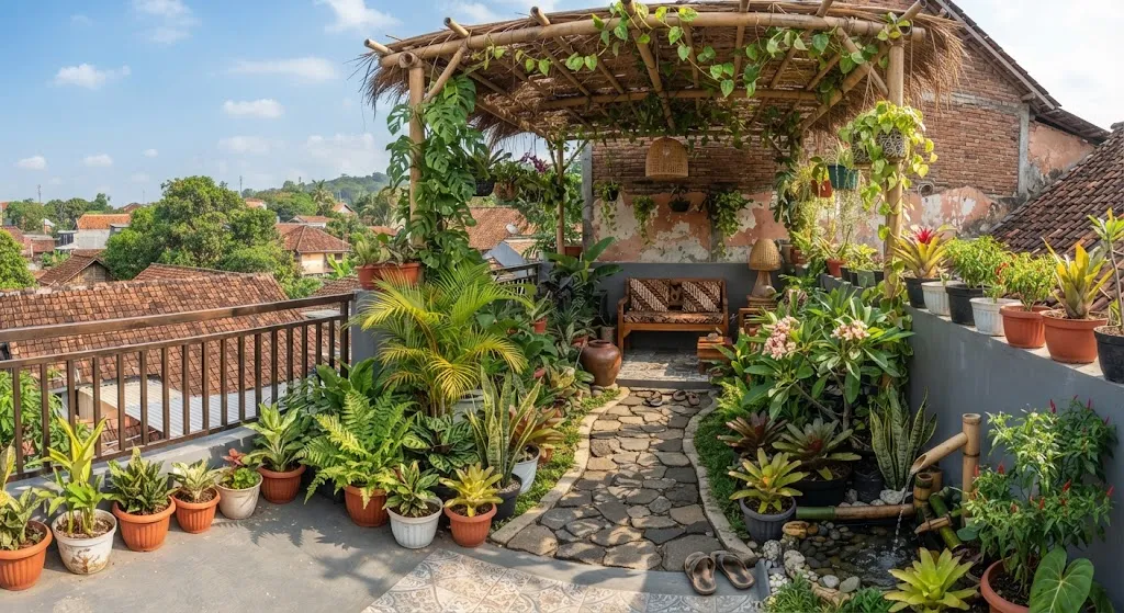 Cara Memanfaatkan Dak Rumah yang Panas Menjadi Taman Kecil Model Menggunakan Tanaman Pot - AI generated