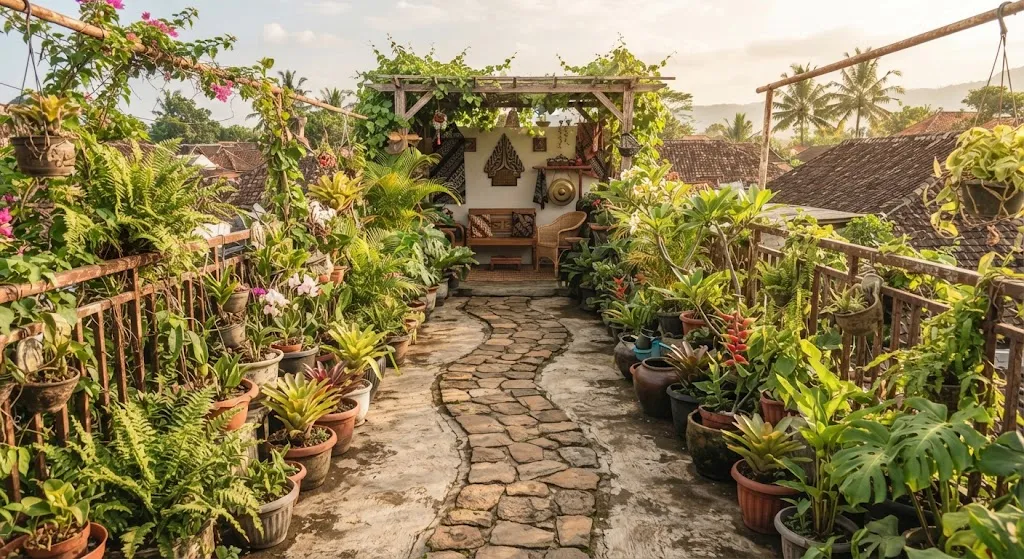 Cara Memanfaatkan Dak Rumah yang Panas Menjadi Taman Kecil Model dengan Area Jalan Setapak - AI generated