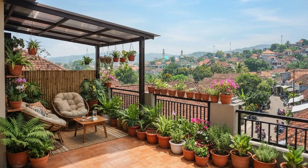 Cara Memanfaatkan Dak Rumah yang Panas Menjadi Taman Kecil Model Tambahan Penutup Pada Sebagian Area - AI generated