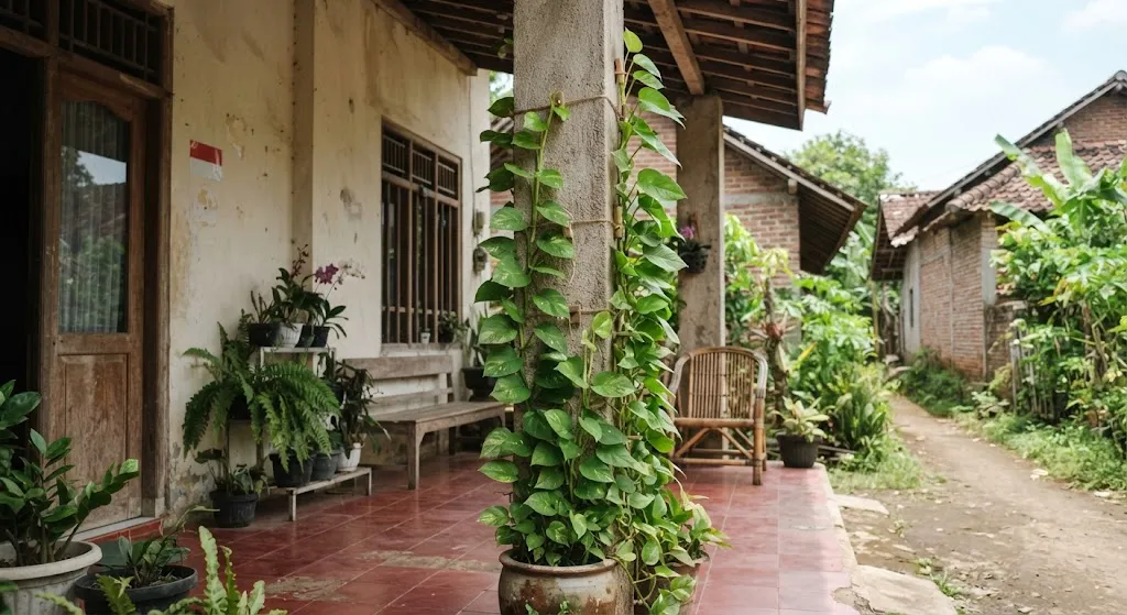Cara memanfaatkan tiang rumah untuk tanaman rambat dan jadi ide hemat untuk membuat area rumah lebih sejuk model sirih gading mengikuti tiang - AI generated