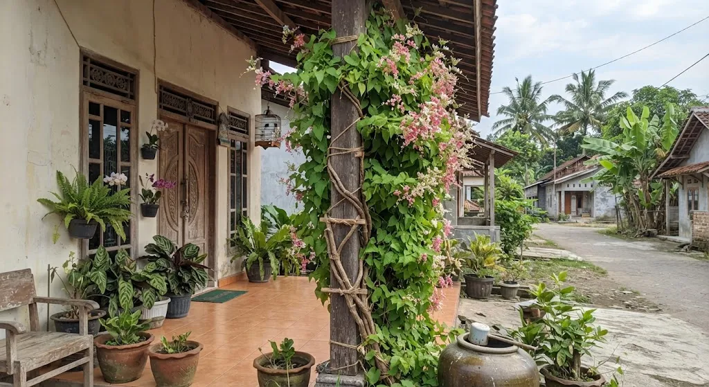 Cara memanfaatkan tiang rumah untuk tanaman rambat dan jadi ide hemat untuk membuat area rumah lebih sejuk model air mata pengantin - AI generated