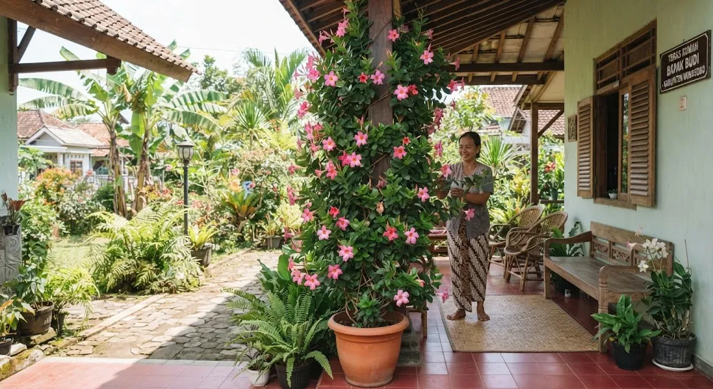 Cara memanfaatkan tiang rumah untuk tanaman rambat dan jadi ide hemat untuk membuat area rumah lebih sejuk model mandevilla - AI generated
