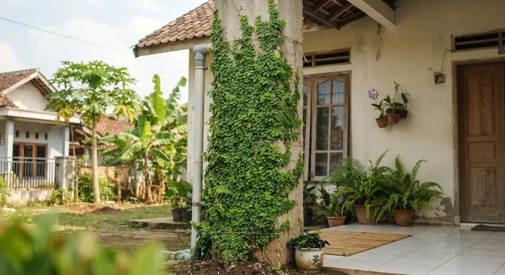 Cara memanfaatkan tiang rumah untuk tanaman rambat dan jadi ide hemat untuk membuat area rumah lebih sejuk model cincau - AI generated