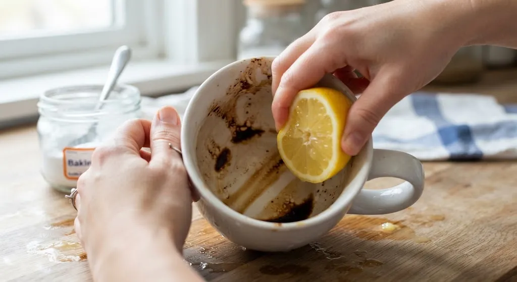 Mencuci cangkir dari noda kopi dan teh dengan perasan lemon - AI generated