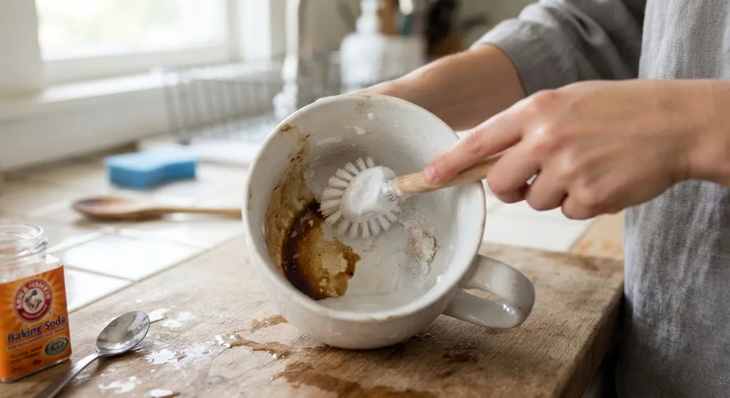 Mencuci cangkir yang terkena noda kopi dengan pasta soda kue - AI generated
